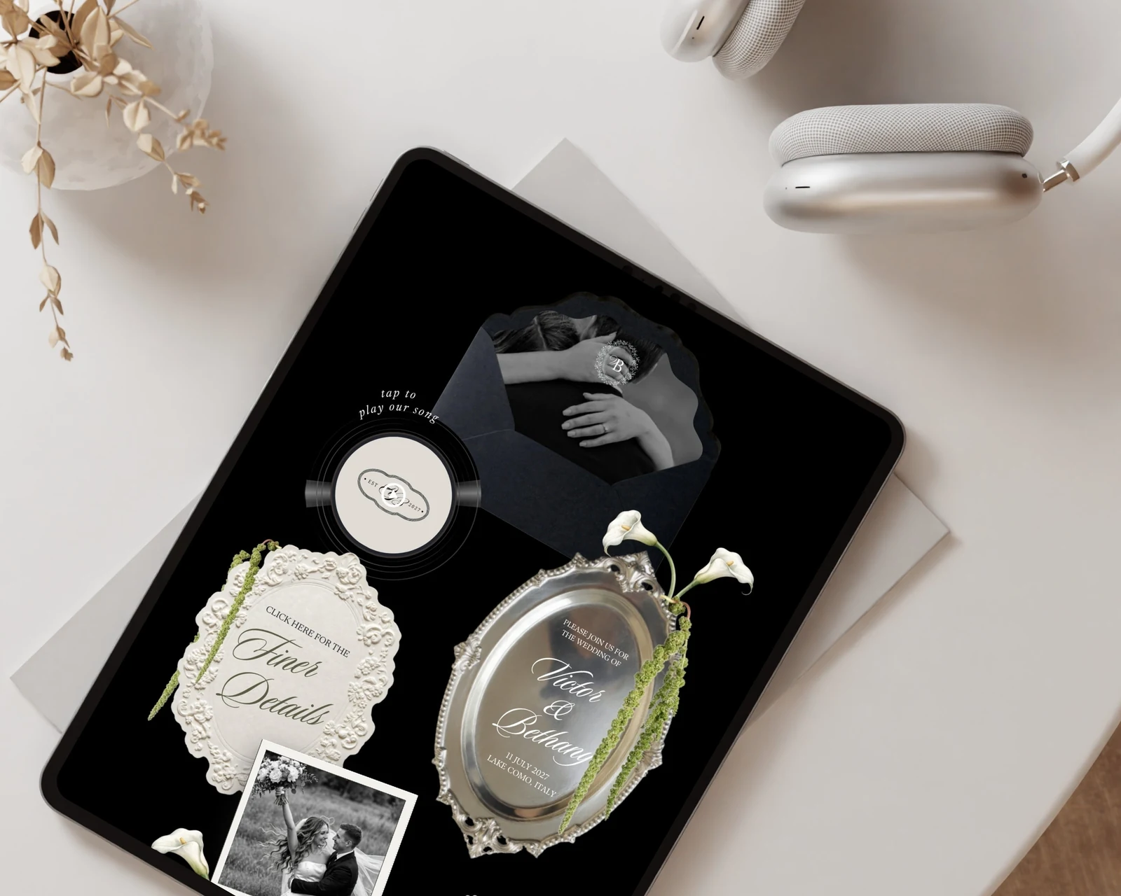 Black and white wedding website template shown on a tablet